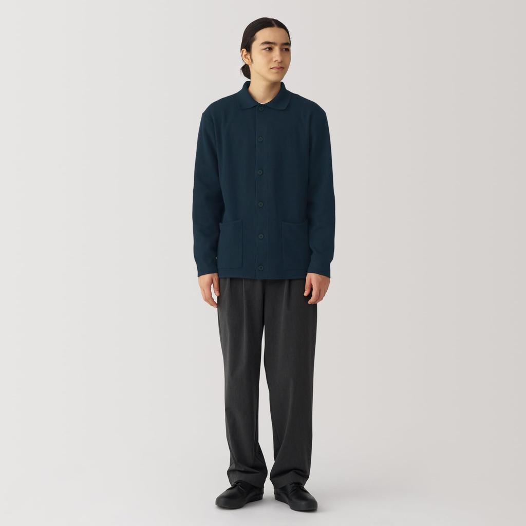 MUJI Men's Washable Milan Rib Knit Shirt Cardigan, Dark Navy, Size S (AA0RPA4A)