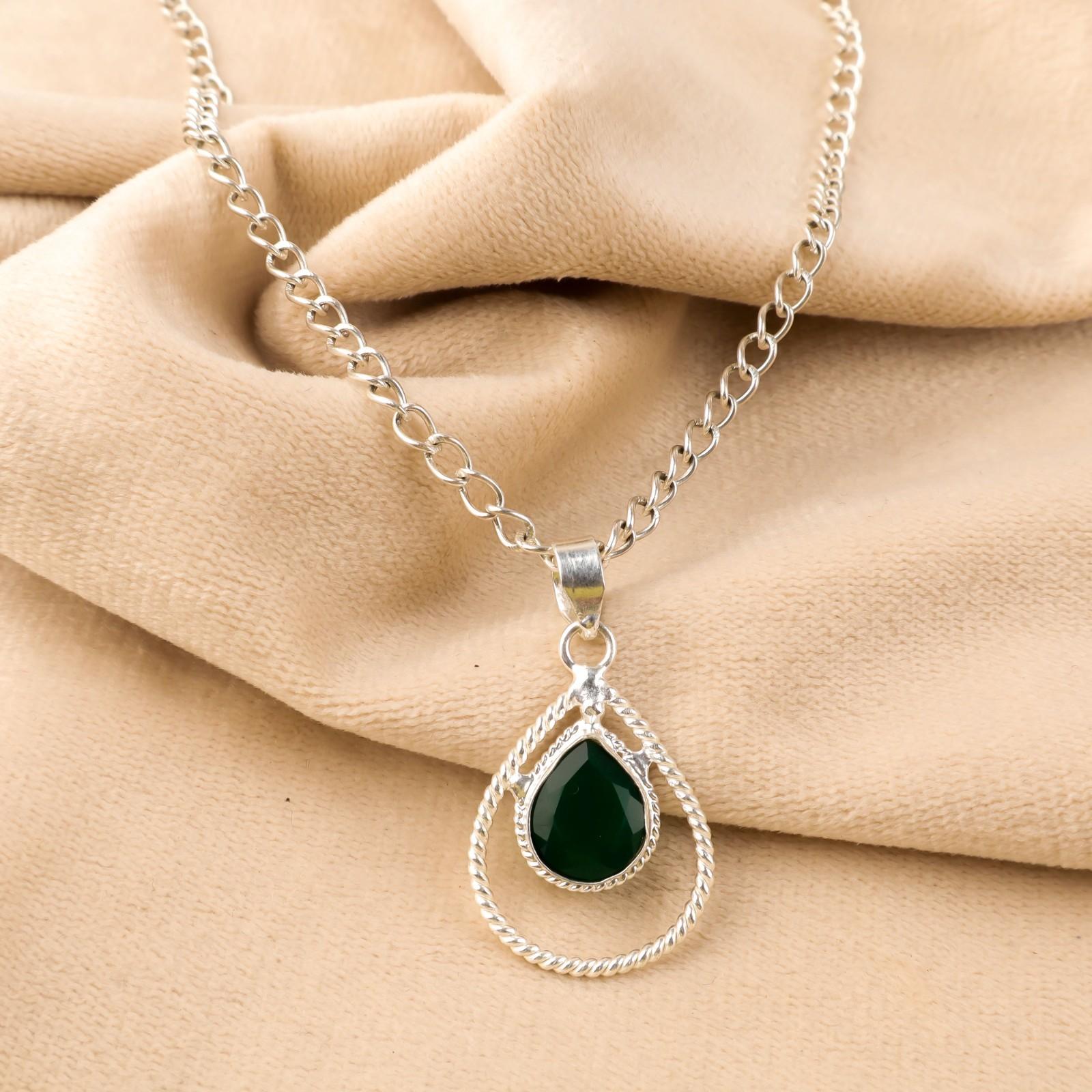 

Green Onyx Gemstone 925 Sterling Silver Jewelry Handmade Wedding Pendant For Her PP-49-19