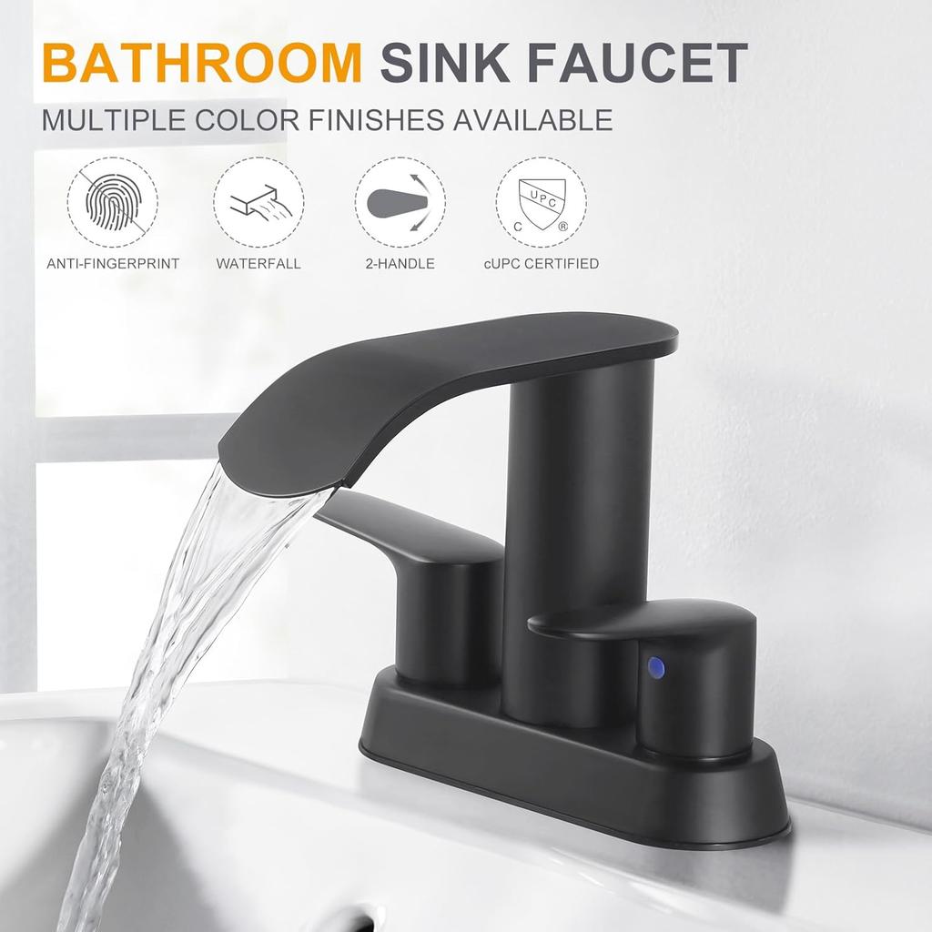 Waterfall Bathroom Faucet 4 Inch Centerset – WOWOW 2 Handle Matte Black Sink Faucet for 2 or 3 Hole Vanity, Modern Stainless Steel Zinc Alloy with