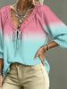 Women's long-sleeved top with gradient color, front tie frills, V-neck bow, three-quarter sleeves. Multi-scenario casual wear item.