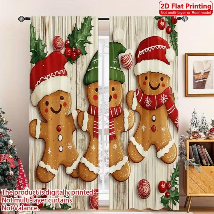 2D Christmas Winter Wonderland Backdrop Rustic Curtain with Xmas Tree, Santa Claus, Snow, and Moon Night Curtain Winter Holiday
