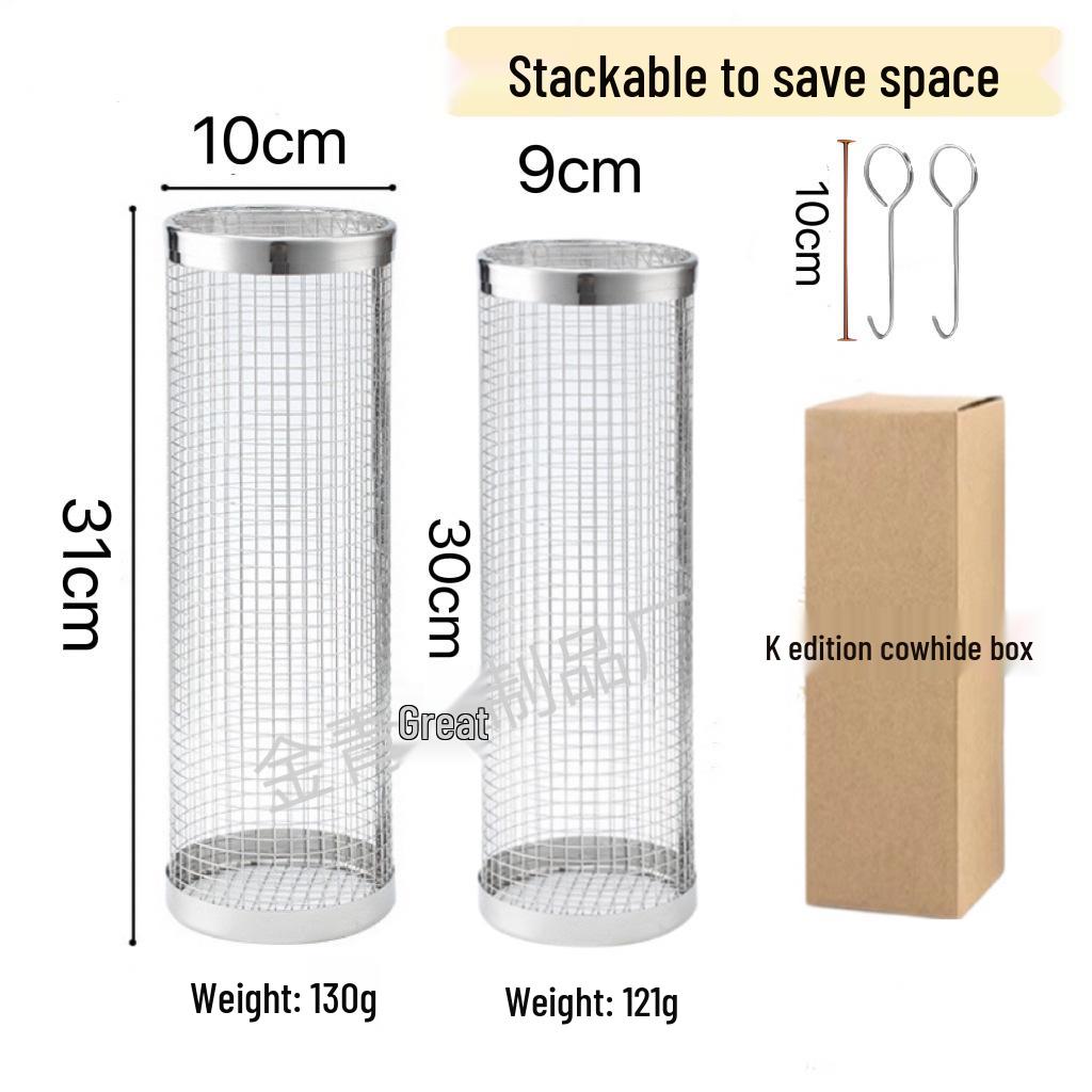 Rolling BBQ Cage: Outdoor Grill Basket with Wooden Handle, 304 Stainless Steel, Non-Infringing BBQ Cylinder Grill Net.