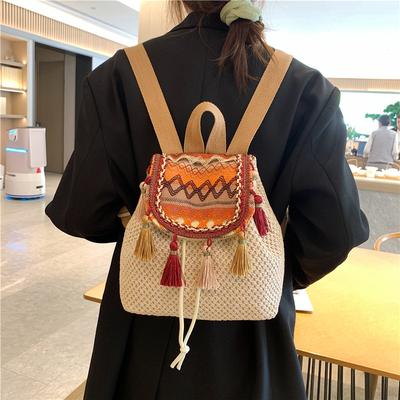 New Straw Woven Small Backpack, Fashionable Tassel Ethnic Feng Shui Bucket, Backpack, Travel Backpack