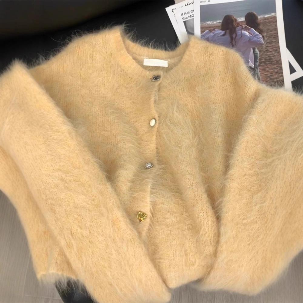 Milk Yellow Soft Waxy Imitation Mink Fleece Sweater Women's Autumn and Winter New Niche Design Single-breasted Knitted Cardigan