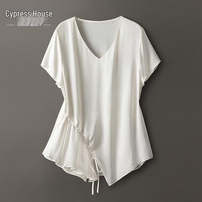 Sibaishe Women s V-Neck Spliced Drawstring Short Sleeve Shirt L