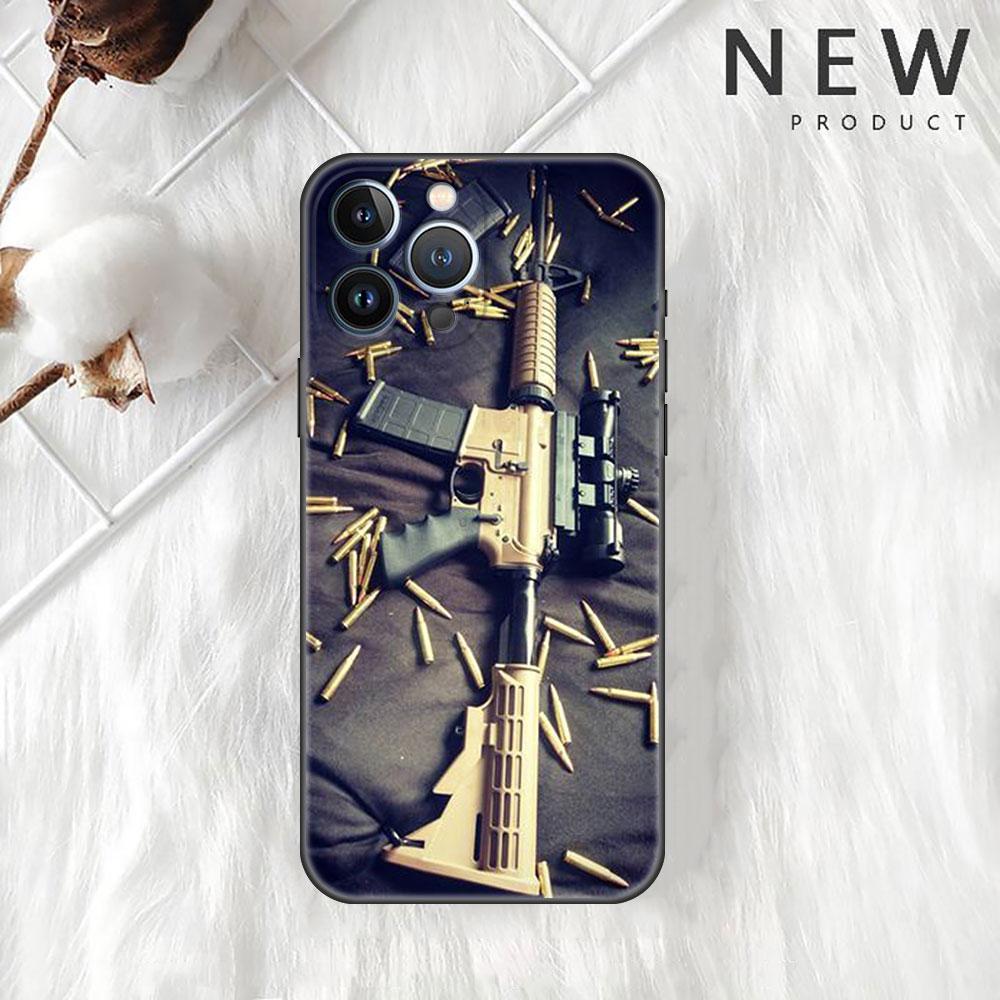AK47 Handgun Gun Bullets Funda Case para Apple iPhone 14 11 13 12 Pro 7 XR X XS Max 8 Plus 6 6S 14Pro Preto Soft Phone Shell
