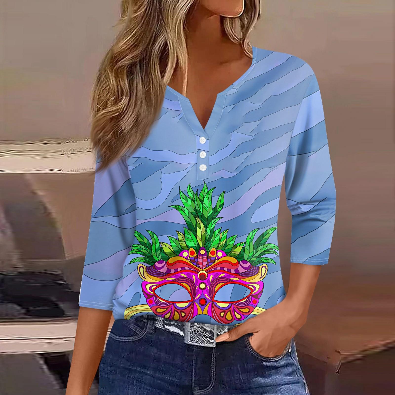 

Женская футболка с принтом «Карнавал» и пуговицами, рукав 3/4, повседневная мода на выходные, базовый топ с V-образным вырезом XL