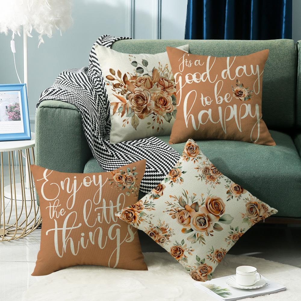 New Autumn Thanksgiving Home Sofa Cushion Cover Letter Printed Linen Flowers Warm Colors