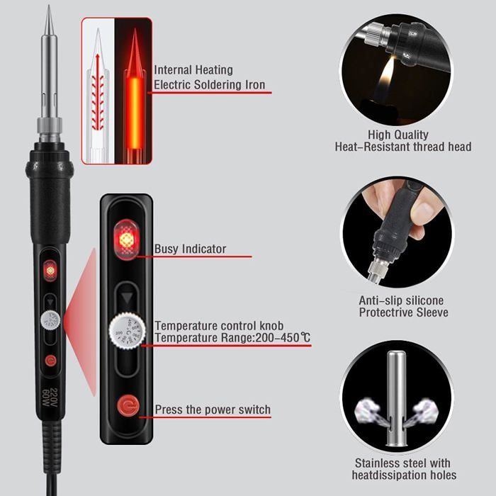 Fer à souder - XODMAO - Kit 60W - Température réglable 200-450°C - Interrupteur ON/OFF - 5 embouts inclus