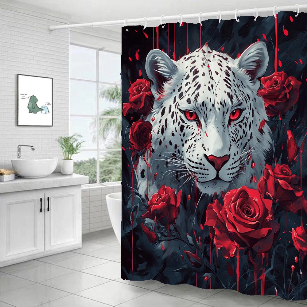 Intense Snow Leopard & Red Roses Waterproof Mildew-Resistant Shower Curtain - Bold Art Design for a Dramatic Bathroom Décor