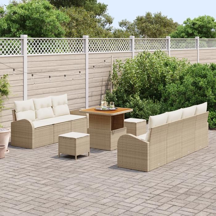 Ensemble de canapés de jardin 10 pièces avec coussins en rotin beige, Canapé de jardin 2 places avec rangement et coussins 3364306