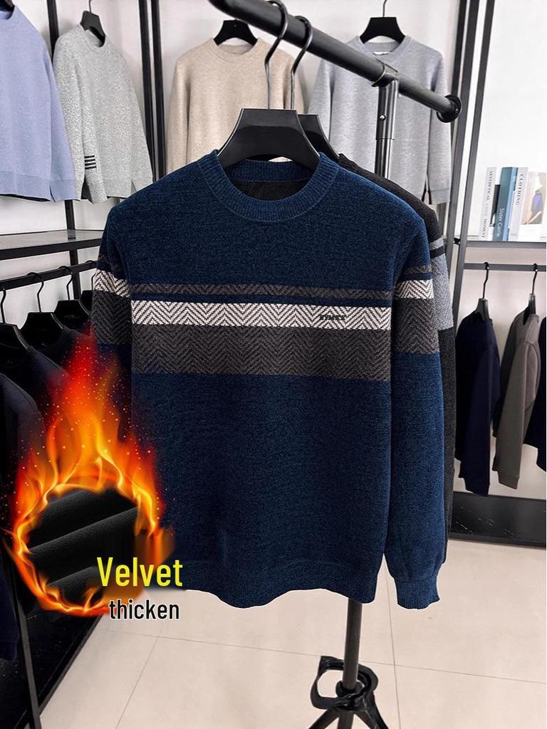 Winter Men's Plus Velvet Striped Round Neck Knit Sweater: Thick, Casual, Fashionable Trend.