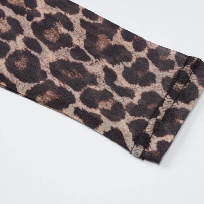 Summer Dress Women Leopard Print Mesh O Neck Long Sleeve Sexy See Through Maxi Fashion Outfits Beach Vacation Nightclub