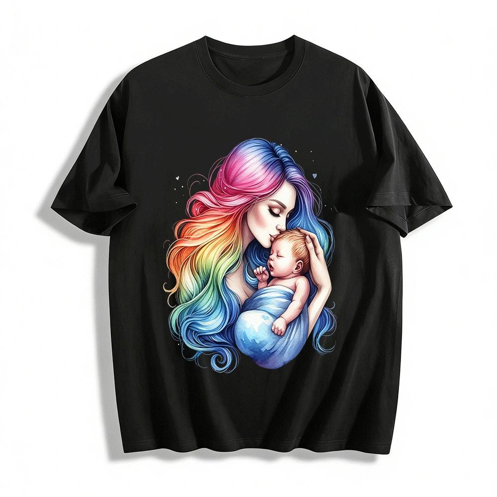 Rainy Hair Mom Holding Baby Warm Love Printed Casual Top Pure cotton T-shirt XXS