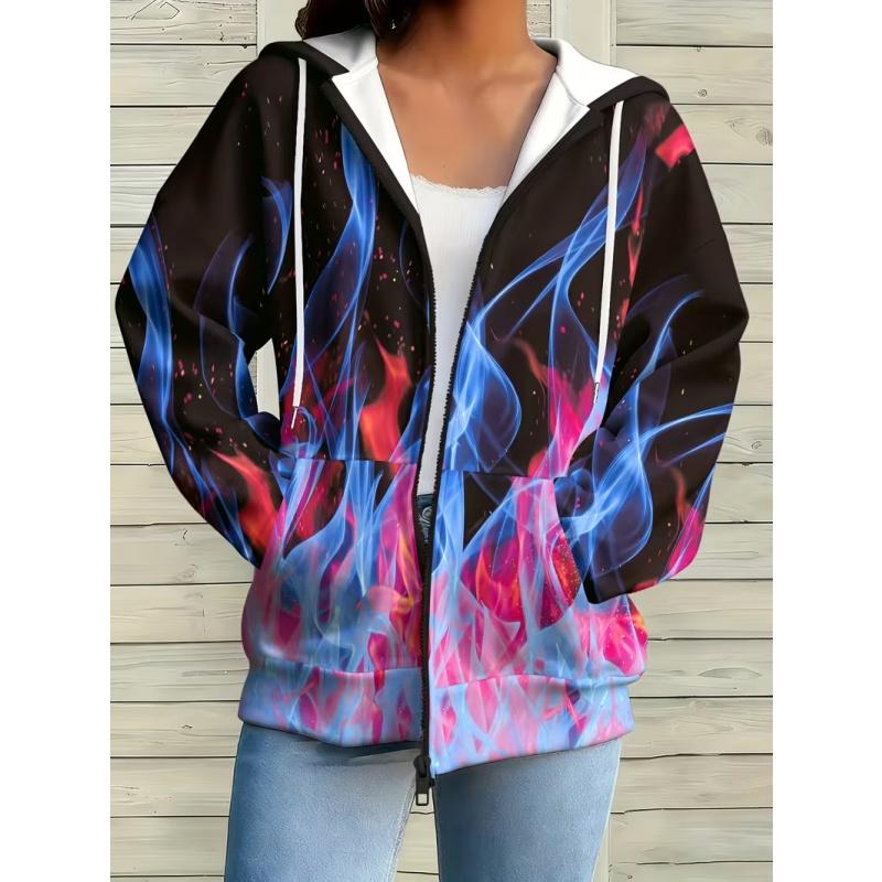 Women's 3D Printed Zipper Hooded Sweatshirt, Long Sleeves, Casual Sport Style
