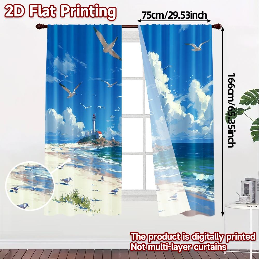 2pcs, 2D FLAT PRINTING Curtains (Without Rod) Ocean Lighthouse Popular Curtain Fabric Yarn Curtains Outdoor Decorations Suitable
