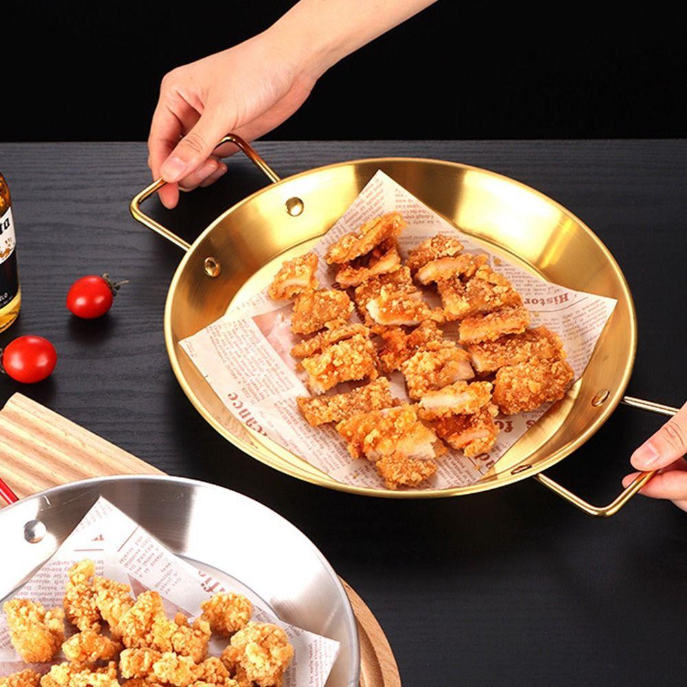 New 20cm/24cm/28cm Flat Bottomed Plate with Handle Gold Silver Snack Plate Stainless Steel Thicked Seafood Plate Seafood Cooking