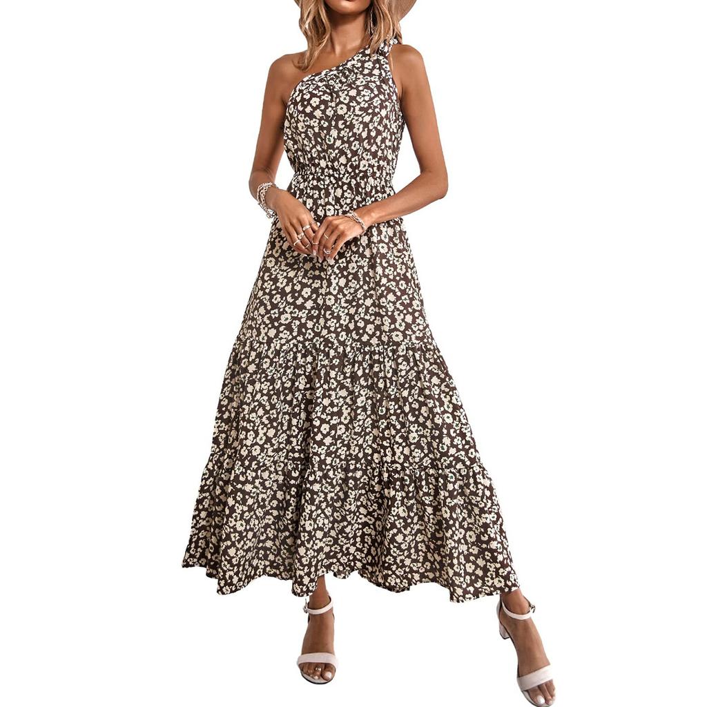Women's Single Shoulder Bohemian Floral Dress Beach Vacation Hem Long Dress