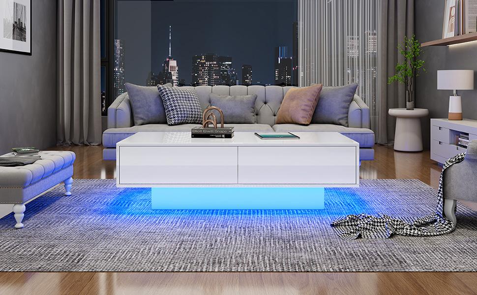 Modern High-Gloss Coffee Table in White, 115 x 55 x 34 cm, with 2 Drawers, LED Lighting and 30 kg Load Capacity – Elegant Living Room Table