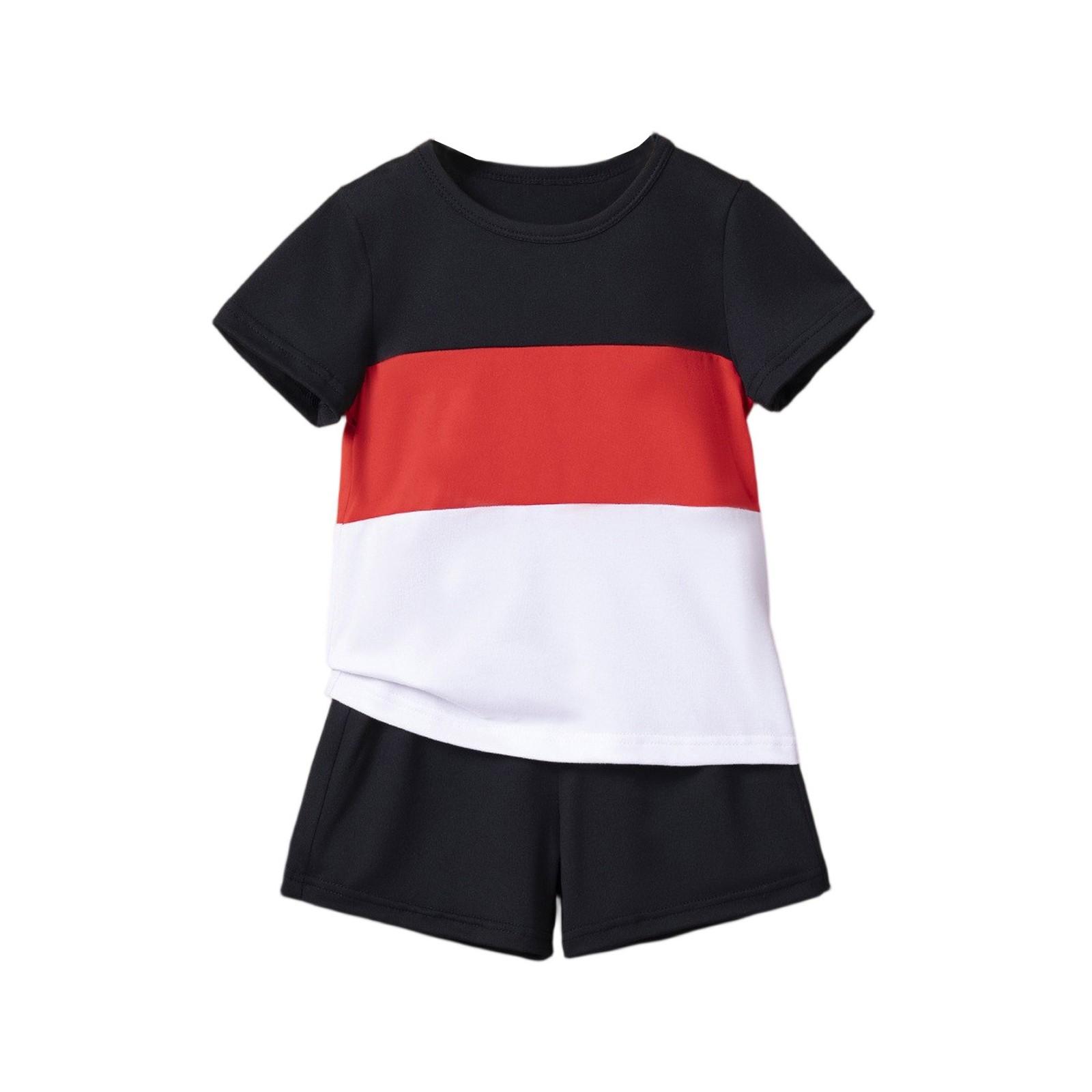 

Комплект для девочек в стиле колор-блок - Полосатый топ без рукавов и шорты 90 красный