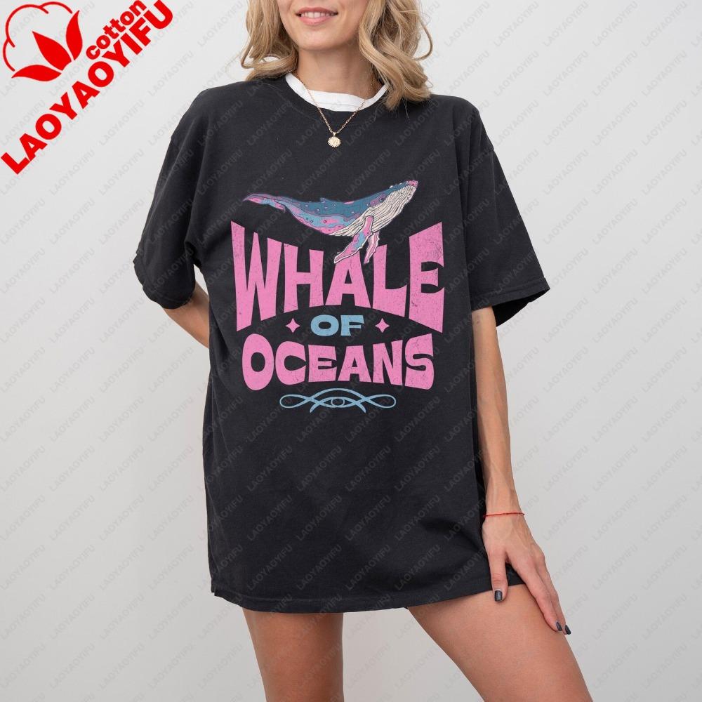 Vintage Gewaschenes Wal der Ozeane Shirt Retro Wal Grafik Streetwear Mode Lässig Unisex Sommerurlaub Kleidung Baumwolle T-Shirt
