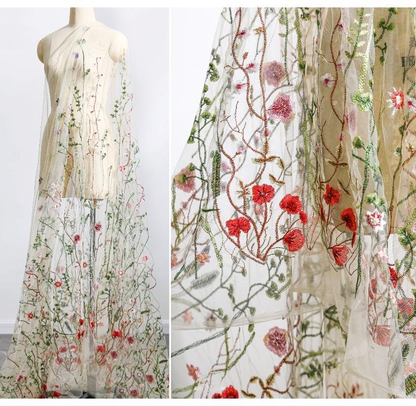 Forest-Style Vine Embroidery Fabric Embroidered Gradientmesh Yarn for Handmade DIY Sewing Gown Wedding Party Dress 100/300/500cm
