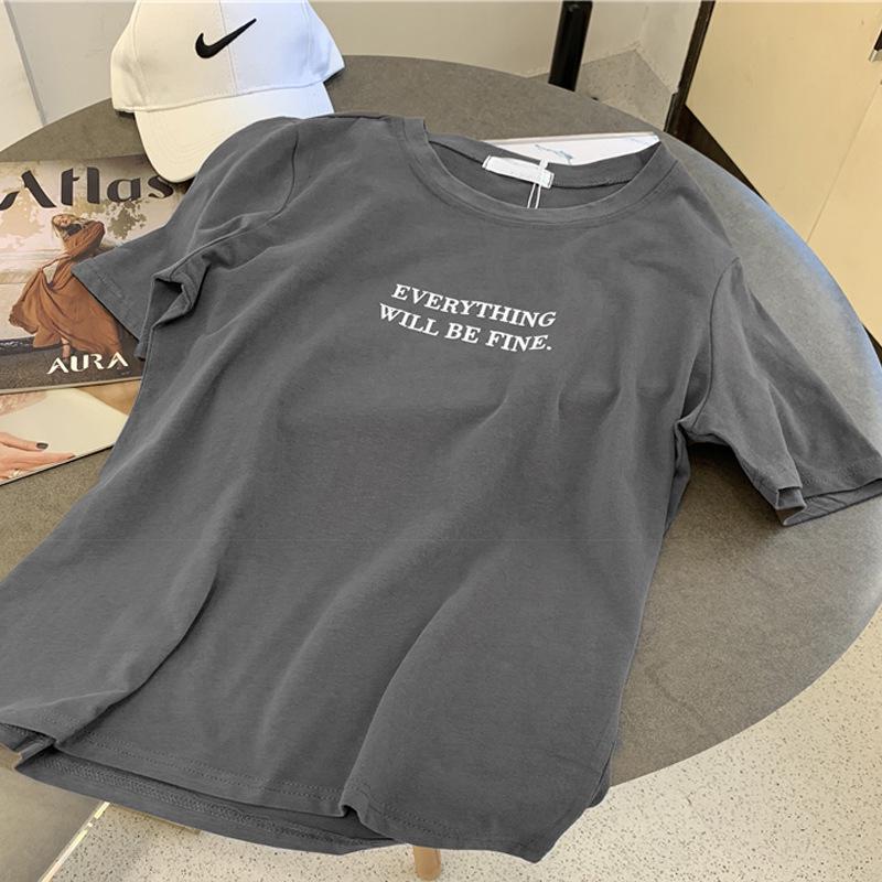 

Женская свободная хлопковая летняя футболка - Корейский студенческий стиль, Европейский и американский повседневный футболка с полурукавом Large серый/древесный уголь