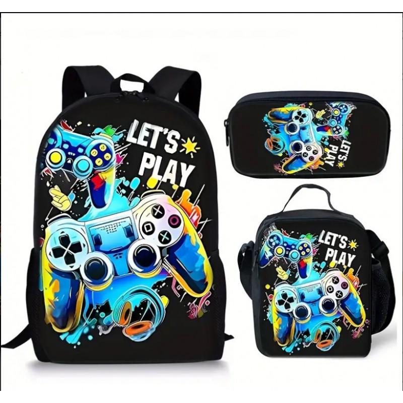 Schulranzen-Set für Kinder mit Gaming-Konsolen-Thema, inklusive Brotdose und Federmäppchen, strapazierfähiges Oxford-Gewebe, ergonomisches Design, für Klasse 3-4