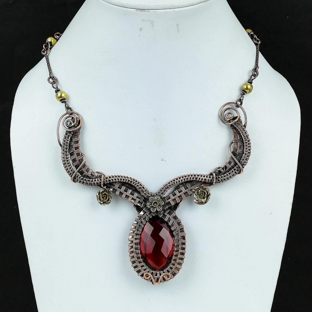 Faceted Red Garnet Necklace Handmade Jewelry, 999 Copper Wire Wrapped Necklace Designer Gemstone Jewelry Adjustable Chain Necklace Gift For Mom