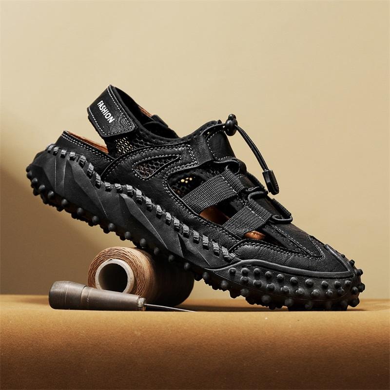 Men Outdoor Hiking Sandals Handmade Summer Roman Sandals Retro Wide Close Toe Grey Beach Shoes Over Sized