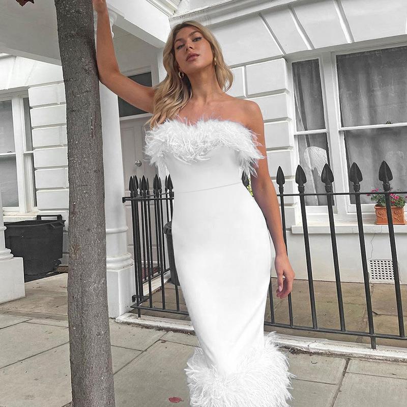Personality Sleeveless Bodycon Dress with Side Slit and Fur Details Skirt Slim-fit Bag Hip Fluffy Pencil Skirt Dress Dress Skirt Bridesmaid Skirt