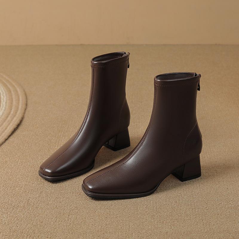 thick heel square head thin boots women's medium tube fashion simple temperament rear zipper autumn and winter new French soft leather Martin boots