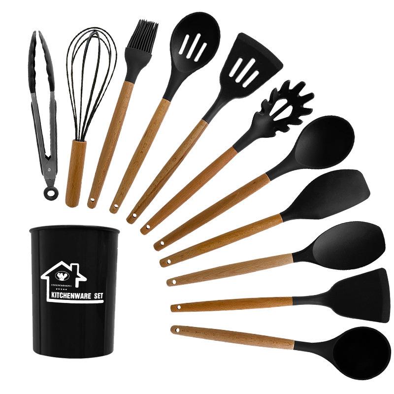 Silicone Kitchenware: 12-Piece Non-stick Spatula and Spoon Set with Wooden Handles for Cooking and Baking