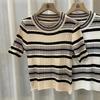 Striped Half-high Neck Short-sleeved Knit T-shirt Spring and Summer Temperament Retro Salt Fashion Tops Women Casual Essential Slim Fit Pullovers Tees