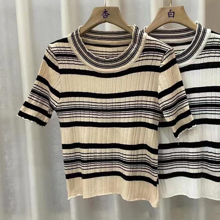 Striped Half-high Neck Short-sleeved Knit T-shirt Spring and Summer Temperament Retro Salt Fashion Tops Women Casual Essential Slim Fit Pullovers Tees