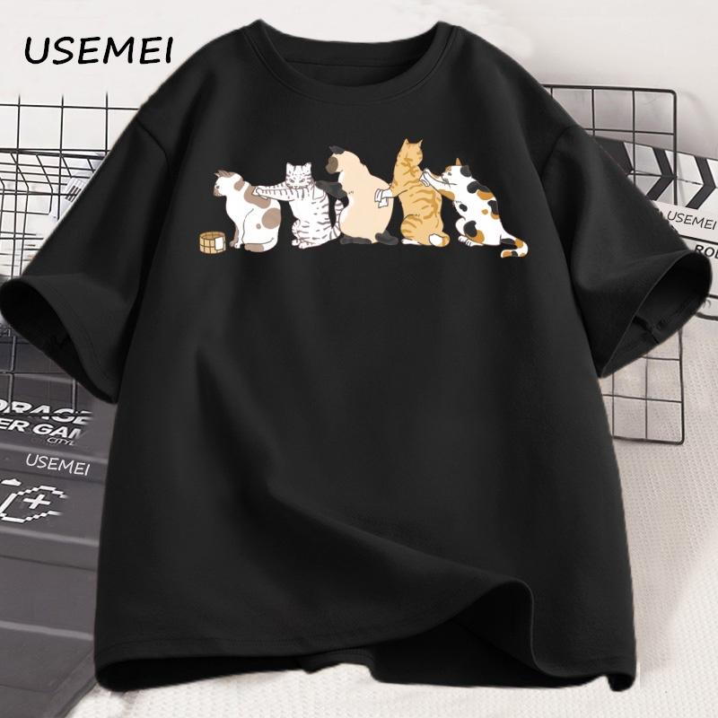 Men's Summer Cotton Cat T-shirt Funny Fashionable Casual Loose Cat Printed Tshirt Sports Round Neck Short Sleeved T-shirt Tees