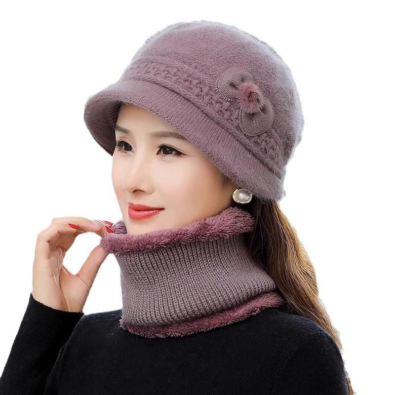 Elegantní vlněná čepice a šála pro zralé ženy - Plus sametově hřejivé, pletenina z veverčí vlny, všestranný design pro podzim/zimu