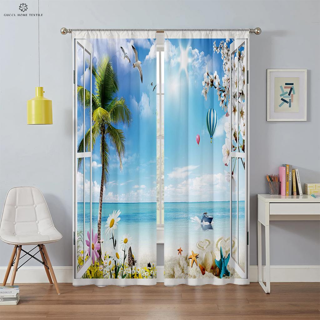 3D Printed Curtains for Window Scenery, Simulation, Modern, Decorative, Bedroom, Living Room, Study, 2Pcs