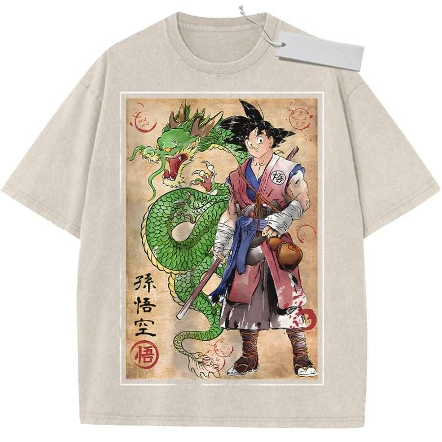 

Summer Mens Beige Washed T Shirt Dragon Ball Sun Wukong Shenron Retro Style High Quality Fabric for Casual Shopping M