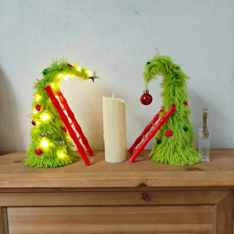 Bendable Plush Christmas Tree Holiday Desktop Ornament with Mini Ladder for Party Decorations