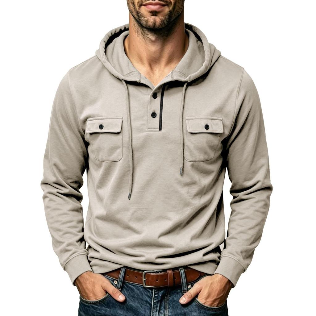 Men's Long Sleeve Hoodie with Multiple Pockets and Hood for Outdoor Activities