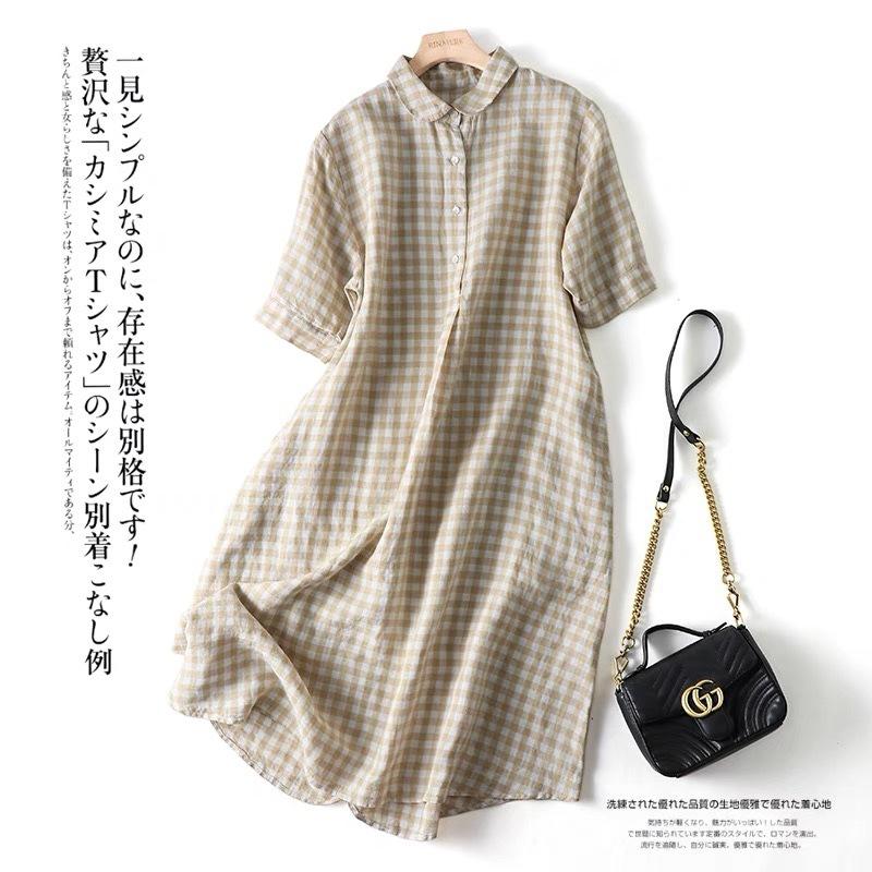 Women's Linen Plaid Dress Retro Half Sleeve Lapel Loose Shirt Maxi Dress Korean Fashion Summer Ladies Girls Shirts Long Dresses