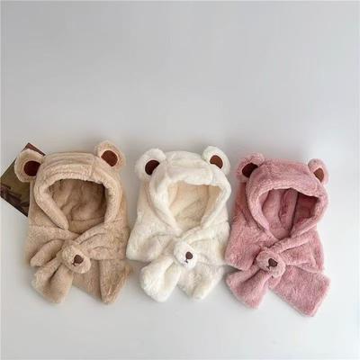 1 Piece Warm Furry Beanie Scarf for Toddler Cute Cartoon Bear Newborn Knitted Hat Sweet Autumn Winter  Bear Warm Plush Hat