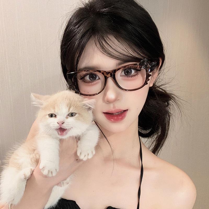 Cat Eye Leopard Bow Glasses Frame No Lenses Vintage Blue Light Blocking Y2K Cosplay Party Decorative Eyewear