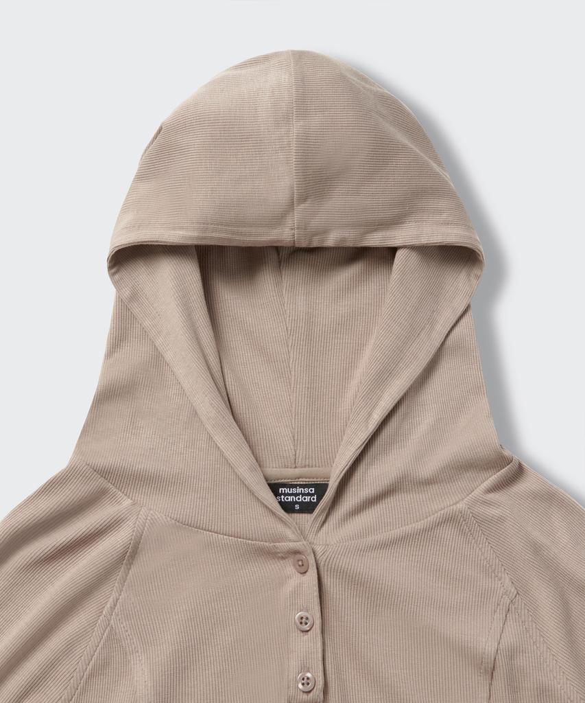 Women'S Ribbed Slim Hooded Long Sleeve T-Shirt [Grayish Beige]
