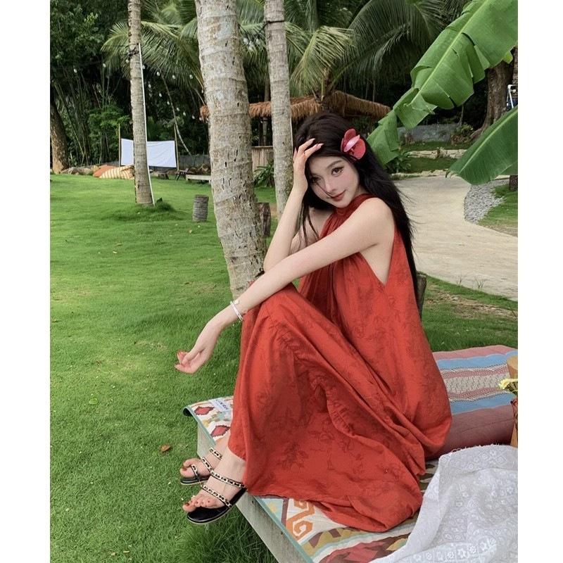 New Chinese Retro Red Neck Dress 2026 Summer Temperament Simple Long Dress Travel Photo Good-looking Skirt