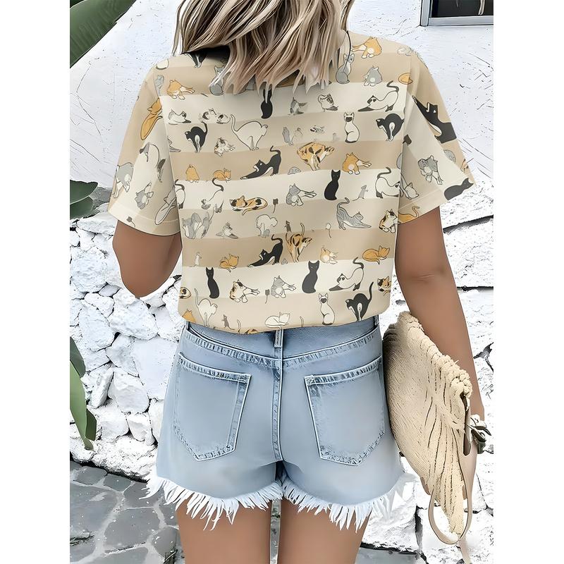 Women's Casual Short Sleeve Shirt Colorful Kittens Pattern Button Up Light Fabric Cute Top Machine Washable Fashionable