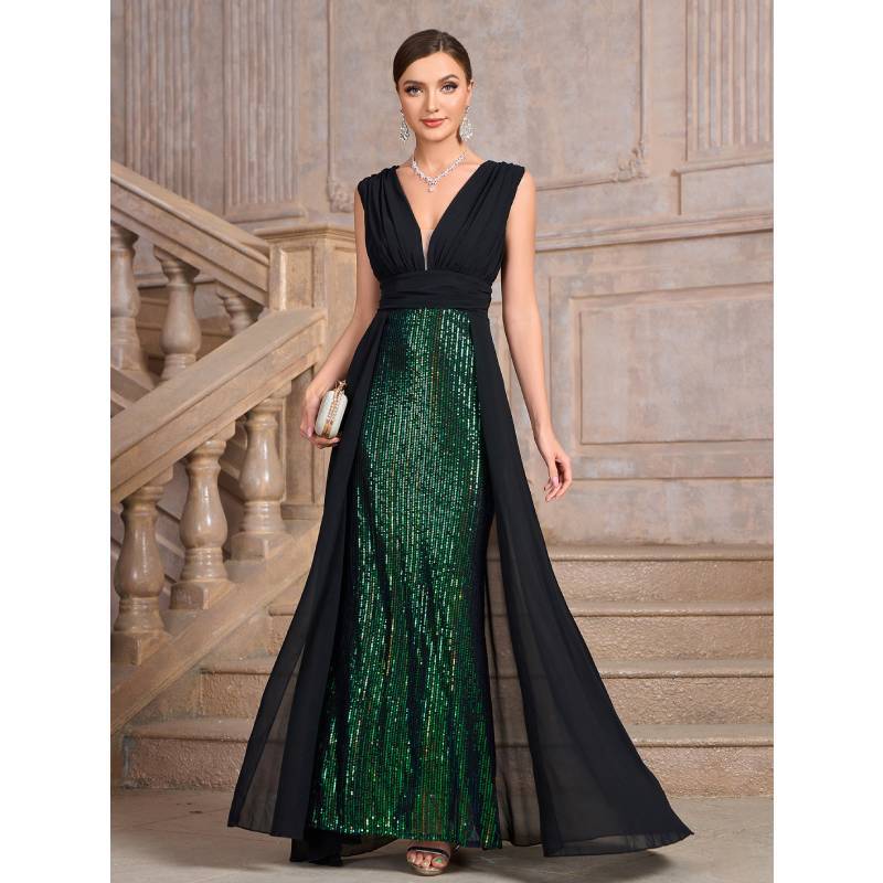 Polyester Sequined A Line Dress For Formal Parties With V Neck And Sleeveless Design