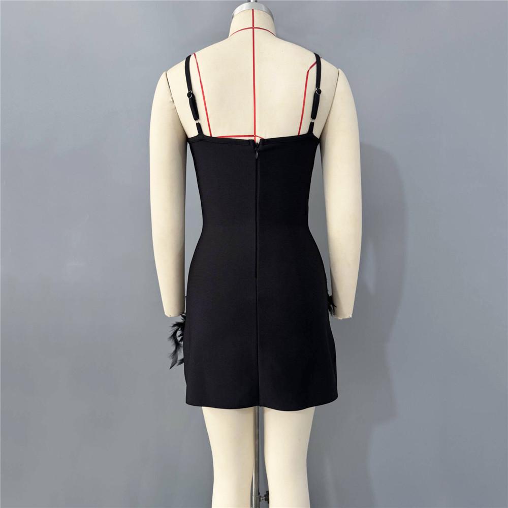 2026 Women's Rhinestone Feather Spaghetti Strap Bandage Mini Dress - Little Black Prom Party Dress