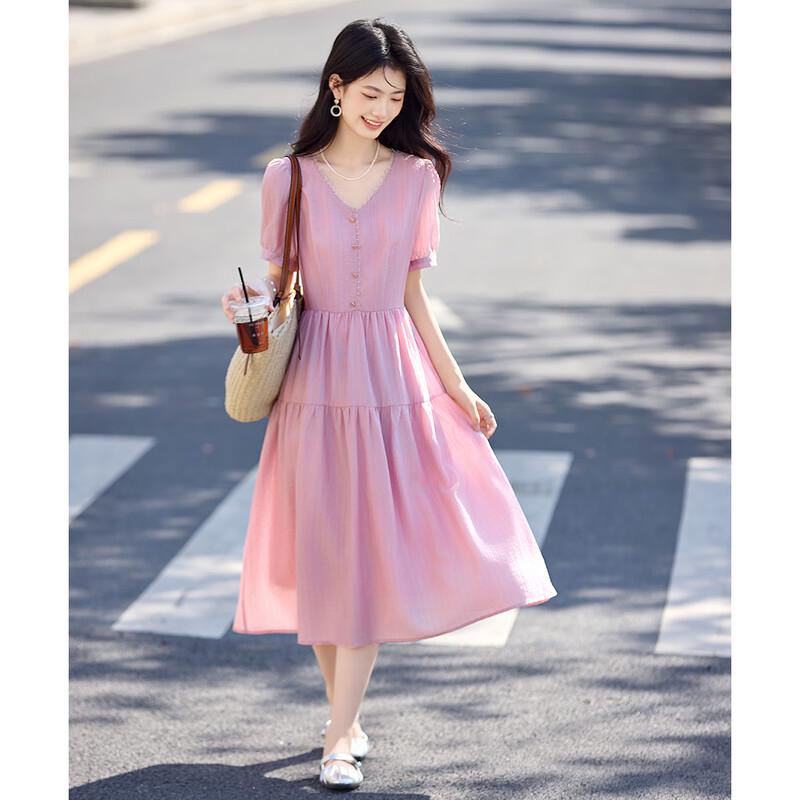 

Shangjing Women s French Elegant Midi Short-Sleeve Dress L